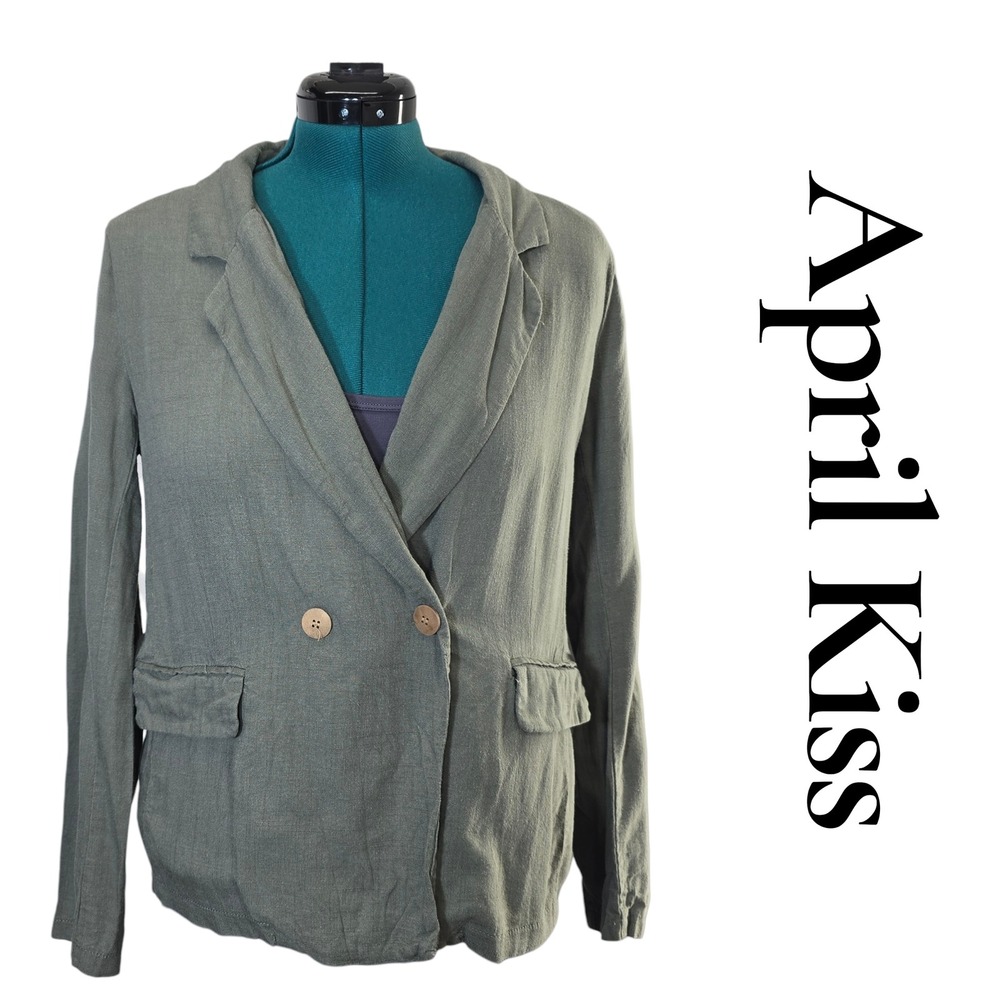 April Kiss Women Gray Green Linen‎ Blend Blazer Jacket M Double Button Pockets